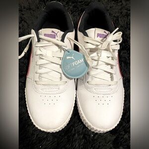 Puma white and pink soft foam trainers.